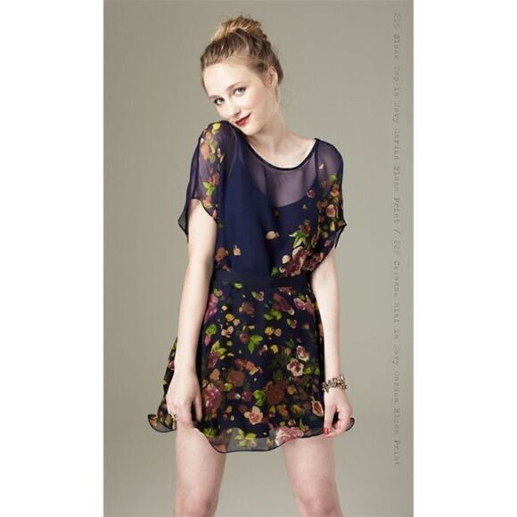 paper crown cezanne navy garden bloom print chiffon skirt Size S NWT$262 - Picture 1 of 5